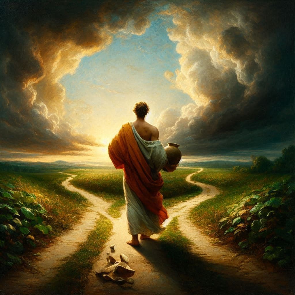 Classical painting of a person at a crossroads symbolizing growth after a breakup