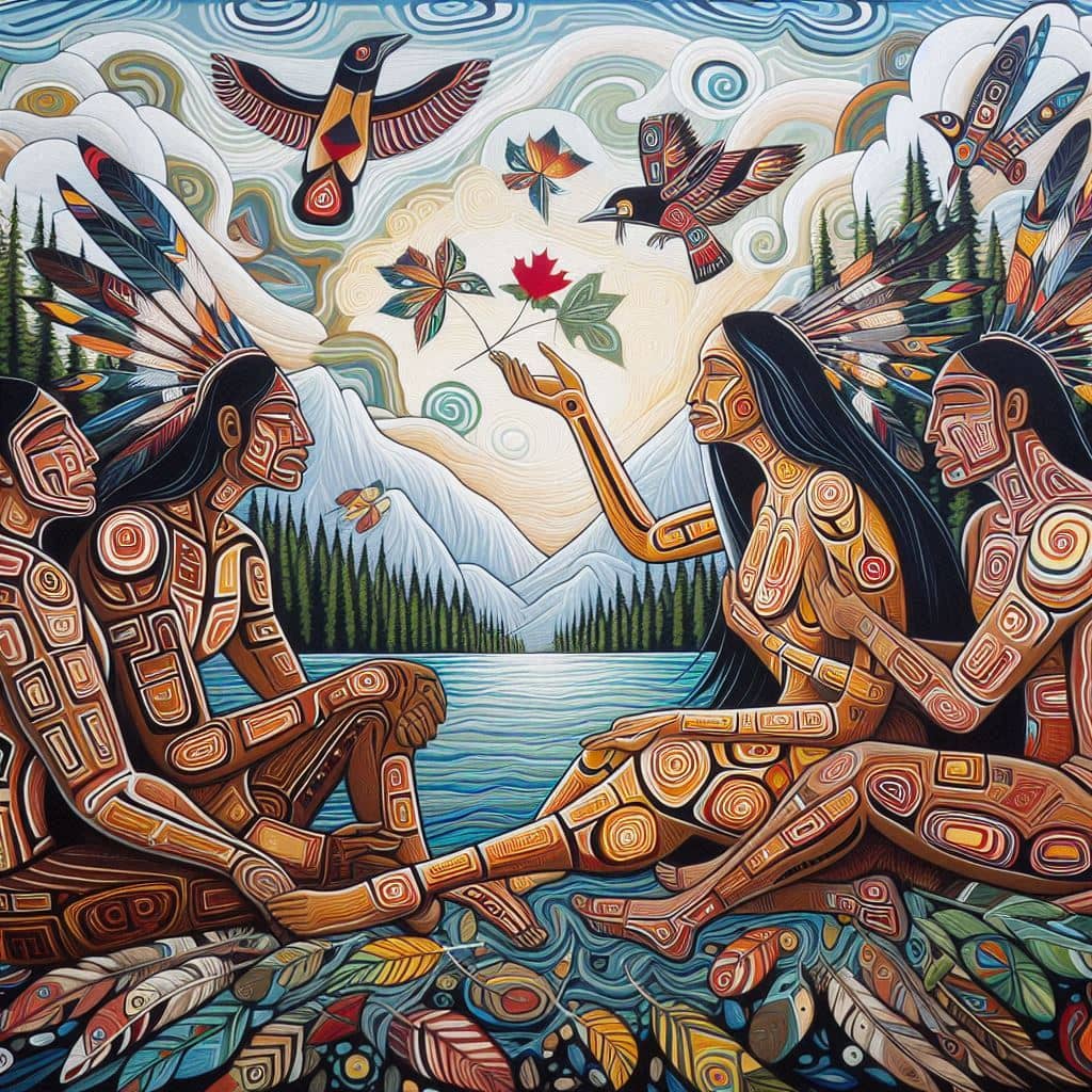 A painting in the style of Indigenous Art with reconciliation themes