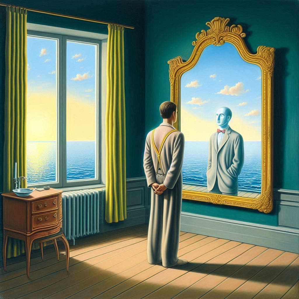 A painting in the style of Rene Magritte's 'The False Mirror'